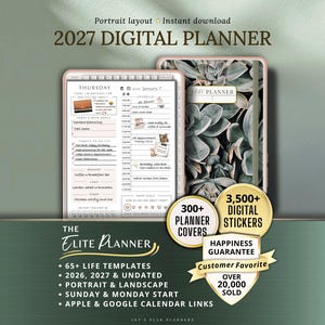 Könnte beinhalten: Ein digitaler Planer mit einem Cover im Sukkulenten-Design und einem Tageslayout. Der Planer enthält den Text "2027 DIGITAL PLANNER", "THE ELITE PLANNER" und "3.500+ DIGITAL STICKERS". Er hat auch ein "Customer Favorite"-Abzeichen.