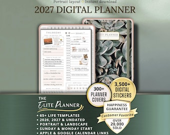 GoodNotes Digital Planner, Notability Hyperlinked Template, Weekly Daily Journal, 2027 2026 iPad Planner, Succulent Plant Portrait Cover