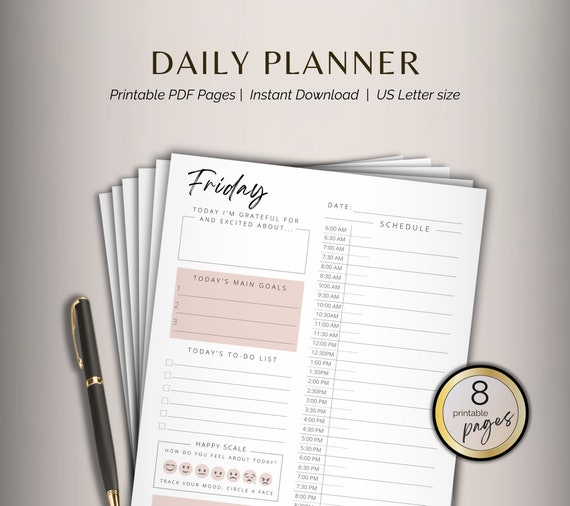 Printable Day Planner Daily Productivity Planner with Half and Hourly Time Schedule Weekday and Weekend Day Planner
