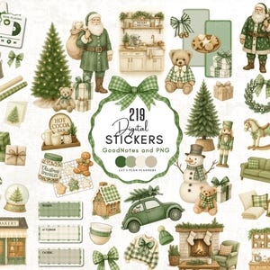 以下が含まれることがあります： クリスマスをテーマにした219個のデジタルステッカーのコレクション。ステッカーには、サンタクロース、クリスマスツリー、テディベア、ジンジャーブレッドマン、ヴィンテージカーが含まれています。カラーパレットは主に緑と茶色です。