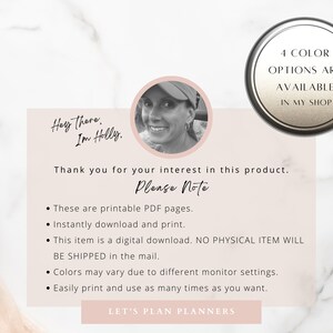 May include: A digital download for printable planner pages. The image shows a woman smiling and a text box with the words "Please Note" and a list of bullet points describing the product. The text box also includes the words "Let's Plan Planners".