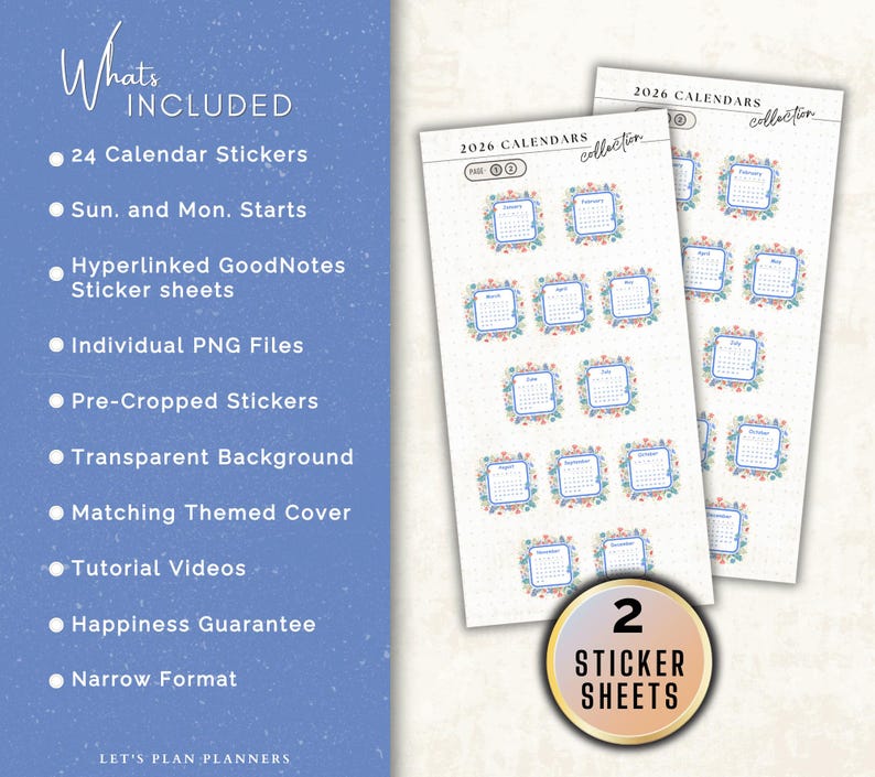 2026 Calendar Stickers Digital Stickers Goodnotes PNG Files iPad and ...