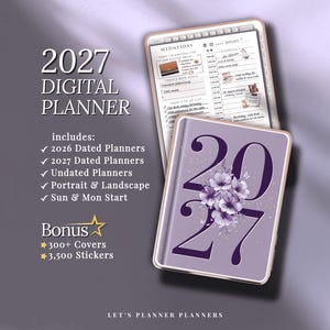 Puede incluir: Un planificador digital con una cubierta morada con el número 2027 y detalles florales. La imagen incluye una tableta que muestra un horario diario y el texto "2027 Digital Planner" con funciones y bonificaciones incluidas.