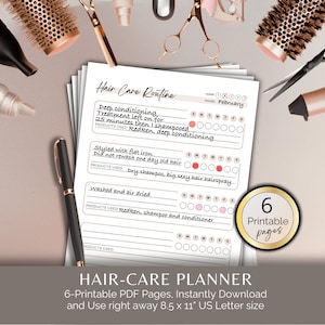 Può includere: Un planner per la cura dei capelli stampabile con sei pagine. Il planner include una lista di controllo per il condizionamento profondo, lo styling con la piastra, lo shampoo a secco e il lavaggio e l'asciugatura all'aria dei capelli. Il planner è progettato per essere utilizzato con un calendario e include una sezione per i prodotti utilizzati.