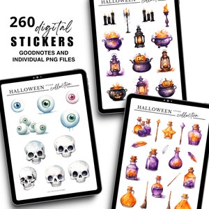 May include: A digital sticker collection for Halloween featuring 260 stickers with a variety of spooky and whimsical designs. The stickers include images of cauldrons, lanterns, eyes, skulls, potions, and more. The stickers are perfect for adding a touch of Halloween fun to planners, journals, and other projects.