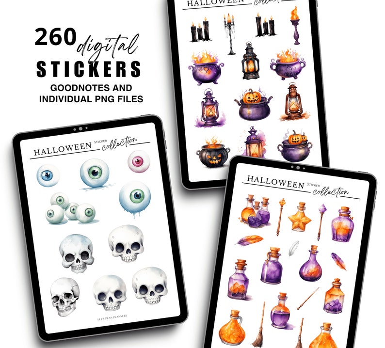 May include: A digital sticker collection for Halloween featuring 260 stickers with a variety of spooky and whimsical designs. The stickers include images of cauldrons, lanterns, eyes, skulls, potions, and more. The stickers are perfect for adding a touch of Halloween fun to planners, journals, and other projects.