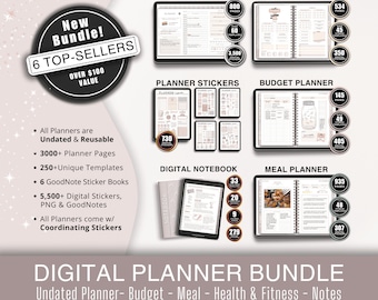 May include: A digital planner bundle with six different planners, including a digital planner, fitness planner, budget planner, meal planner, planner stickers, and a digital notebook. The bundle includes over 3,000 pages, 250 unique templates, and 5,500 digital stickers. The planners are undated and reusable.