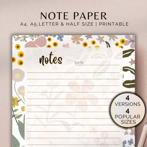 May include: Printable note paper with a floral design in shades of pink, yellow, and green. The paper has a lined section with the word "notes" and "date" at the top. The text "4 versions" and "4 popular sizes" is also included.