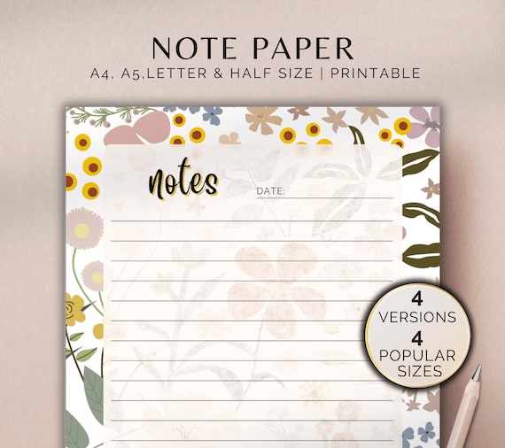 Note Paper Printable Template Note Page Lined Blank Dot Grid ToDoList Planner Notes Insert Size A4/A5/Letter Half Instant download