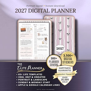 Könnte beinhalten: Digitaler Planer im Hochformat mit der Aufschrift "2027 DIGITAL PLANNER". Das Bild zeigt einen Planer mit rosa-weiß gestreiftem Einband und einer digitalen Planer-Oberfläche. Zusätzlicher Text enthält "300+ Planer-Cover" und "3.500+ digitale Sticker".