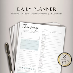 May include: A printable daily planner with a light blue and white color scheme. The planner includes sections for scheduling, main goals, to-do list, and a mood tracker. The text "Thursday" is at the top of the page. The planner is designed for US Letter size paper and includes 8 printable pages.