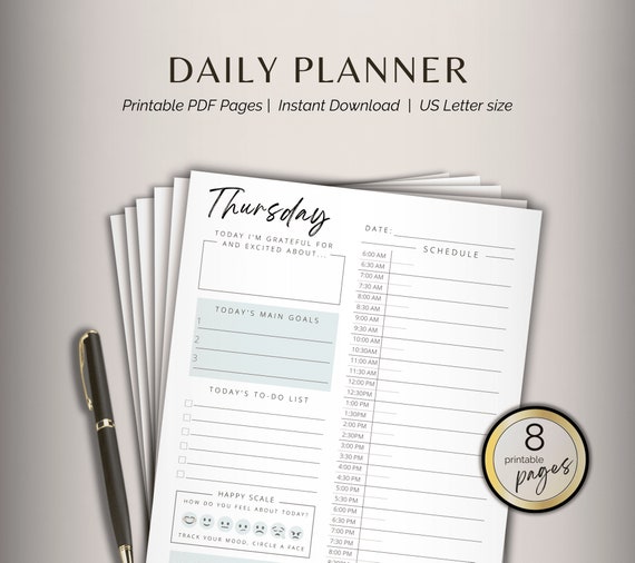 Printable Day Planner Daily Productivity Planner with Half and Hourly Time Schedule Weekday and Weekend Day Planner