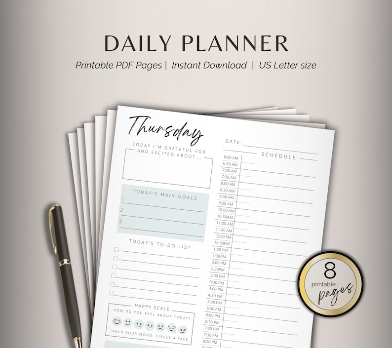 May include: A printable daily planner with a light blue and white color scheme. The planner includes sections for scheduling, main goals, to-do list, and a mood tracker. The text "Thursday" is at the top of the page. The planner is designed for US Letter size paper and includes 8 printable pages.