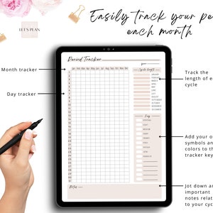 May include: A digital period tracker template on a tablet screen. The template includes a calendar grid for tracking your period each month, a section to track cycle length, and a log to record symptoms.