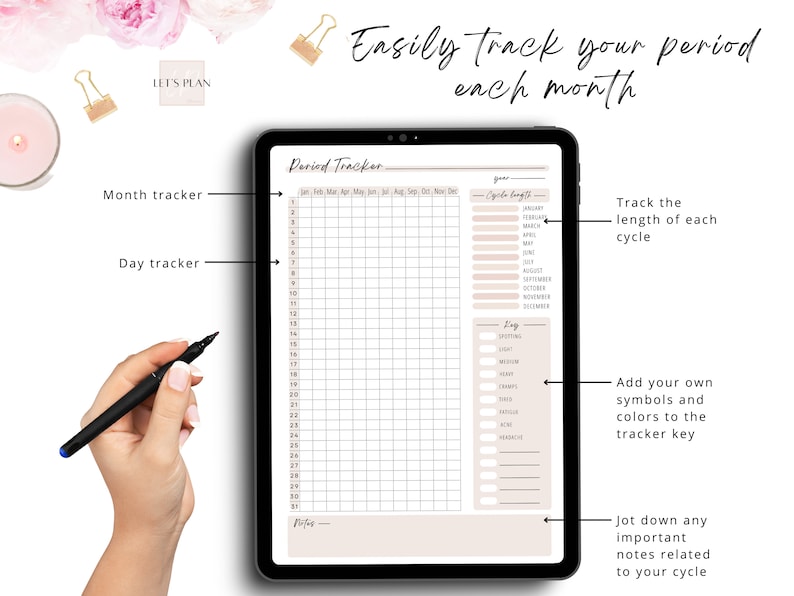 May include: A digital period tracker template on a tablet screen. The template includes a calendar grid for tracking your period each month, a section to track cycle length, and a log to record symptoms.