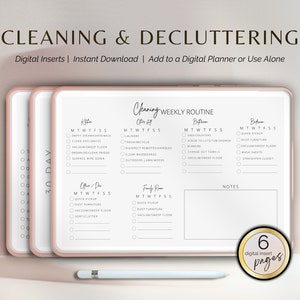 May include: Printable cleaning checklist for a digital planner. The checklist includes daily and weekly cleaning tasks for the kitchen, bathroom, bedroom, office, family room, and other areas of the home. The checklist is designed to help you stay organized and on top of your cleaning routine.