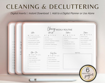 May include: Printable cleaning checklist for a digital planner. The checklist includes daily and weekly cleaning tasks for the kitchen, bathroom, bedroom, office, family room, and other areas of the home. The checklist is designed to help you stay organised and on top of your cleaning routine.