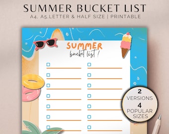 Summer Bucket List Printable Children's Activities Planner A4/A5/Letter/Half Instant Download