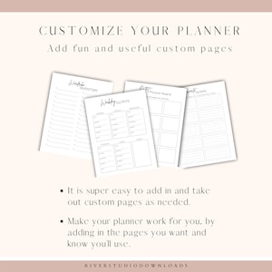 May include: A customizable planner with blank pages for wardrobe inventory, outfit picture board, and weekly outfits. The text "Customize Your Planner" and "Add fun and useful custom pages" is at the top of the image.