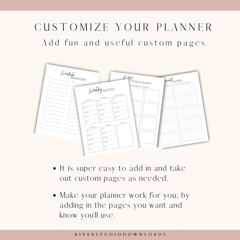 May include: A customizable planner with blank pages for wardrobe inventory, outfit picture board, and weekly outfits. The text "Customize Your Planner" and "Add fun and useful custom pages" is at the top of the image.