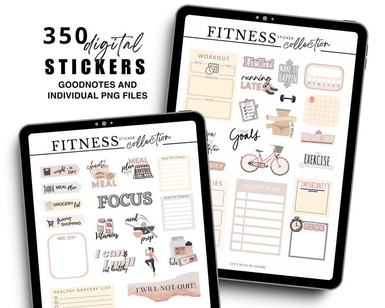 May include: Two digital tablets displaying a fitness sticker collection. The stickers include workout trackers, meal plans, motivational phrases, and a bicycle graphic. Text on the screen reads "350 digital stickers" and "Goodnotes and individual PNG files."