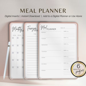 May include: A set of six printable digital planner pages for meal planning. The pages include a monthly calendar, a freezer inventory list, and a weekly meal planner. The pages are designed in a minimalist style with a white background and black text.