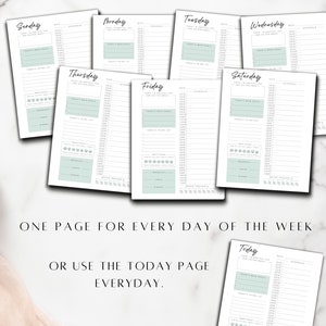 May include: A printable planner with a page for each day of the week, or a single "Today" page that can be used every day. The planner includes sections for daily goals, to-do lists, and a habit tracker.