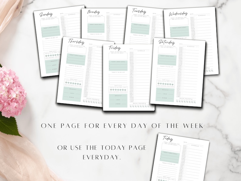 May include: A printable planner with a page for each day of the week, or a single "Today" page that can be used every day. The planner includes sections for daily goals, to-do lists, and a habit tracker.