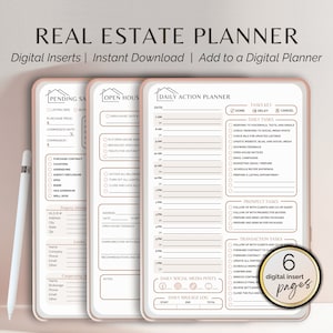 May include: Six printable digital planner pages for real estate agents. The pages include sections for daily tasks, prospect tasks, transaction tasks, daily social media posts, and a daily mileage log. The pages are designed with a pink and gold color scheme.