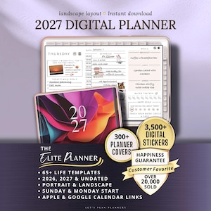 May include: Digital planner for 2027, featuring a tablet displaying a daily schedule and a second tablet with a colorful abstract design. Includes 300+ planner covers, 3,500+ digital stickers, and life templates. Text on the image reads "The Elite Planner".