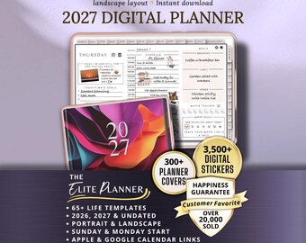 Op de afbeelding: Digitale planner voor 2027, met een tablet met een dagschema en een tweede tablet met een kleurrijk abstract ontwerp. Inclusief 300+ planner covers, 3.500+ digitale stickers en levenssjablonen. Tekst "The Elite Planner".