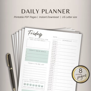 May include: Printable daily planner with 8 pages. The planner has a light green background and includes sections for today's main goals, to-do list, and a happy scale to track your mood. The planner is titled "Friday".