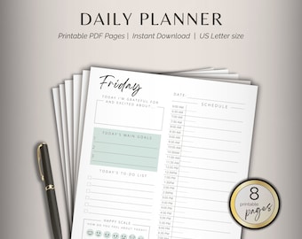May include: Printable daily planner with 8 pages. The planner has a light green background and includes sections for today's main goals, to-do list, and a happy scale to track your mood. The planner is titled "Friday".