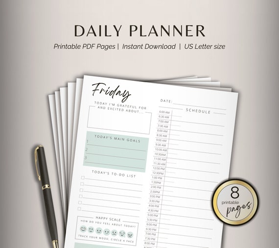 Daily Planner Printable Planner Productivity Planner with Half and Hourly Time Schedule Meals Moods Weekdays and Weekend Daily Planner
