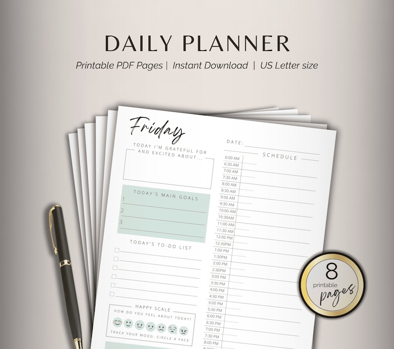 May include: Printable daily planner with 8 pages. The planner has a light green background and includes sections for today's main goals, to-do list, and a happy scale to track your mood. The planner is titled "Friday".