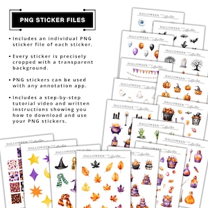 May include: A set of 16 Halloween themed digital stickers. The stickers feature various Halloween icons, including pumpkins, ghosts, bats, witches hats, and candy corn. The stickers are designed in a watercolor style and have a transparent background.