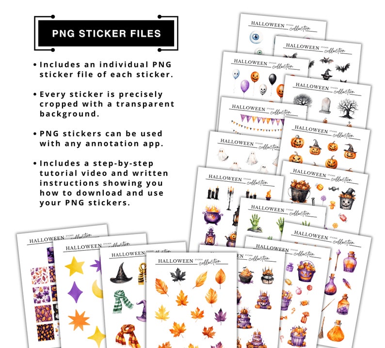 May include: A set of 16 Halloween themed digital stickers. The stickers feature various Halloween icons, including pumpkins, ghosts, bats, witches hats, and candy corn. The stickers are designed in a watercolor style and have a transparent background.