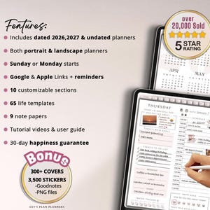 May include: Digital planner displayed on a tablet, featuring a daily schedule, to-do list, and water tracker. The image includes text highlighting features like dated planners, customizable sections, and tutorial videos. A bonus includes covers and stickers.