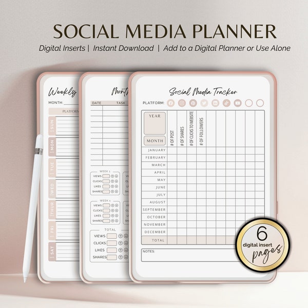 Social Media Planner Digital Inserts Template Tracker, Instagram, YouTube, Facebook, tick-tock, iPad tablet, phone Marketing Content Planner