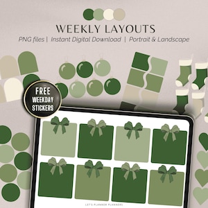 Könnte beinhalten: Digitale Planer-Aufkleber in Grüntönen, darunter Geschenkboxen mit Schleifen, Weihnachtskugeln und Herzen. Der Text "WEEKLY LAYOUTS" und "FREE WEEKDAY STICKERS" ist sichtbar. Digitaler Download.