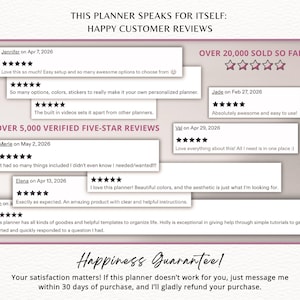 May include: A promotional image for a planner, featuring customer reviews and testimonials. The text highlights over 5,000 verified five-star reviews and over 20,000 sold. The image includes customer quotes and a happiness guarantee.
