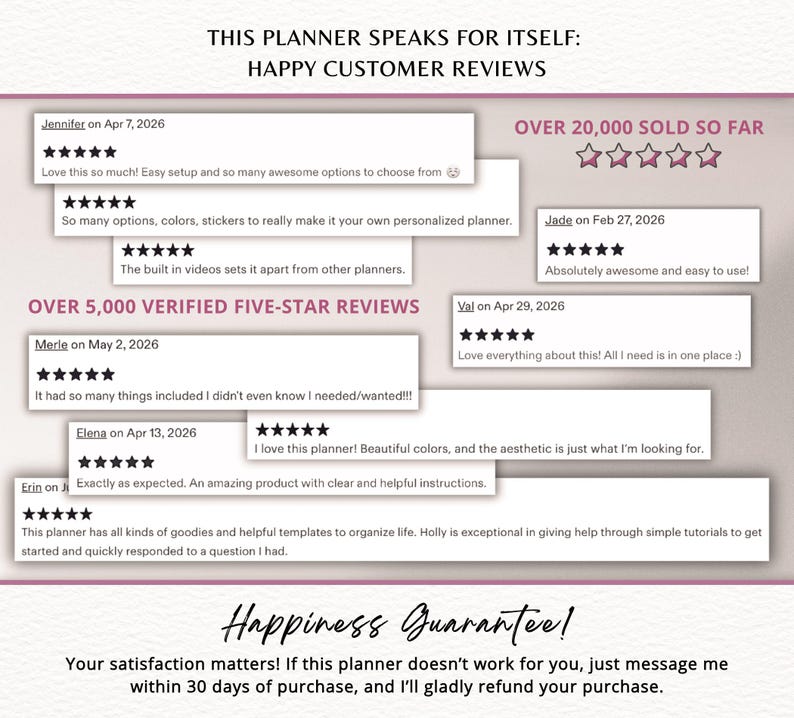 May include: A promotional image for a planner, featuring customer reviews and testimonials. The text highlights over 5,000 verified five-star reviews and over 20,000 sold. The image includes customer quotes and a happiness guarantee.