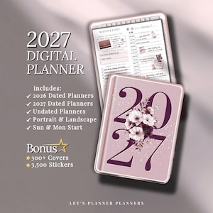 May include: A digital planner for 2027 in a pink case, featuring a floral design and the number 2027 in a dark purple color. The image includes a tablet displaying a planner page and text that reads "2027 Digital Planner".
