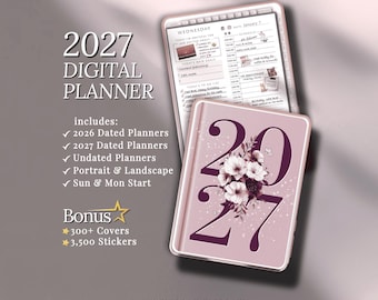 May include: A digital planner for 2027 in a pink case, featuring a floral design and the number 2027 in a dark purple color. The image includes a tablet displaying a planner page and text that reads "2027 Digital Planner".