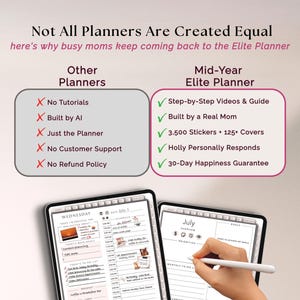 Puede incluir: Una tabla comparativa titulada Not All Planners Are Created Equal, que contrasta Other Planners con Mid-Year Elite Planner. La lista incluye funciones como tutoriales, soporte y pegatinas. Debajo, dos tabletas digitales muestran p&aacute;ginas de agenda.