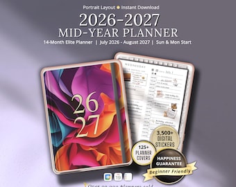 Digital Planner 2026-2027 Mid-Year GoodNotes Notability iPad and Tablets Instant Digital Download with Digital Stickers