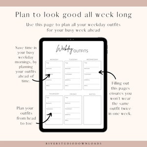 May include: A digital planner page with the title "Weekday Outfits" and a grid for planning outfits for each day of the week. The planner includes sections for "Top", "Bottom", "Footwear", "Jewelry", and "Misc."