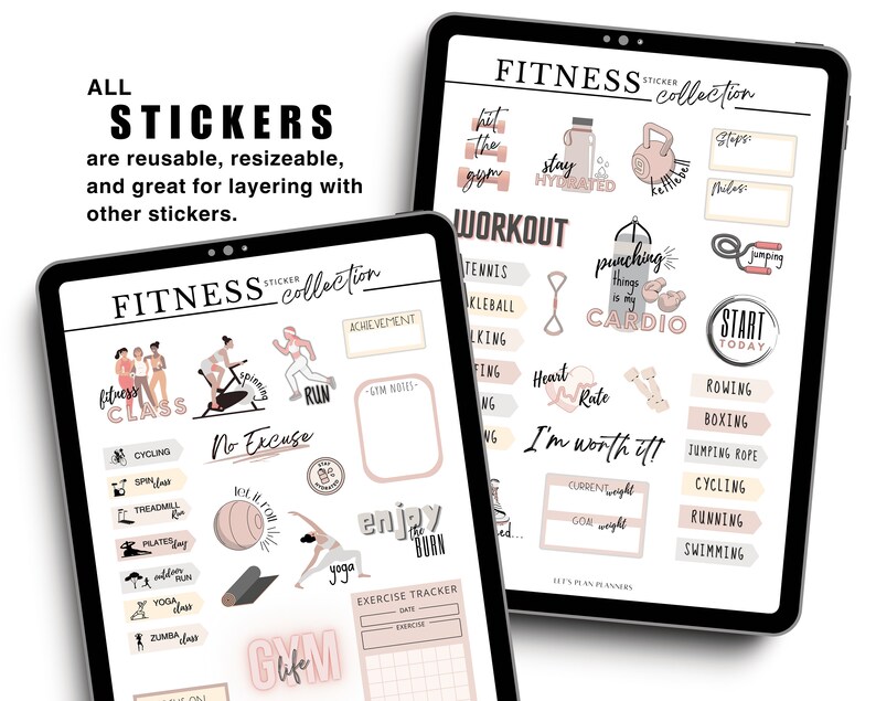 May include: Two digital tablets displaying a fitness sticker collection. The stickers feature workout-related graphics and text, including "Fitness Class," "Workout," and "Exercise Tracker." The text "All Stickers are reusable, resizeable, and great for layering with other stickers" is also visible.
