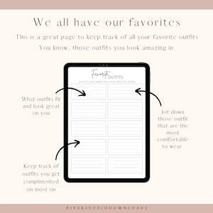 May include: A printable digital planner page with the title "Favorite Outfits" and lined boxes for listing outfits that make you look and feel good. The page includes text that says "What outfits fit and look great on you?" and "Keep track of outfits you get complimented on most on."