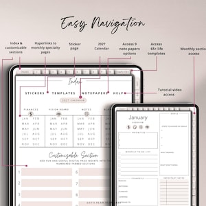 May include: Digital planner displayed on two tablets. The planner features an index, sticker page, 2027 calendar, and customizable sections. The January overview includes a monthly to-do list and space for goals and priorities.
